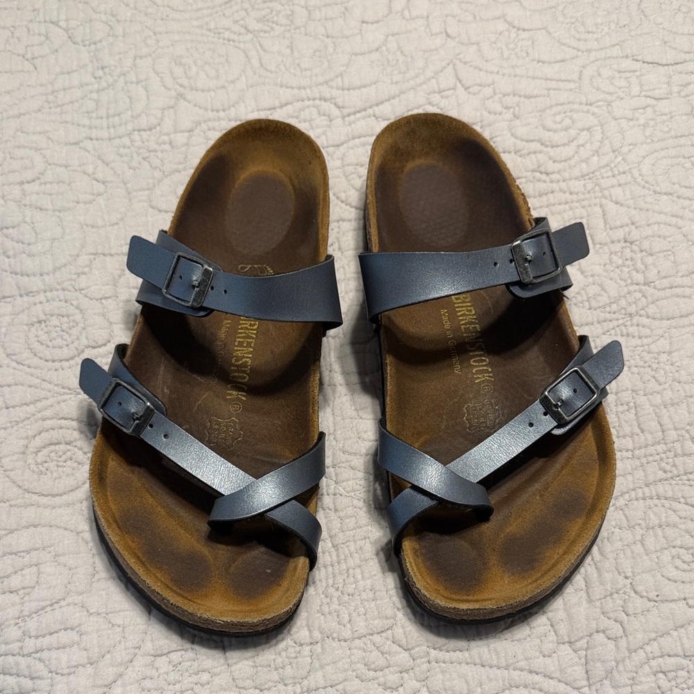Birkenstock Gunmetal Strap Sandals with Brown Footbed